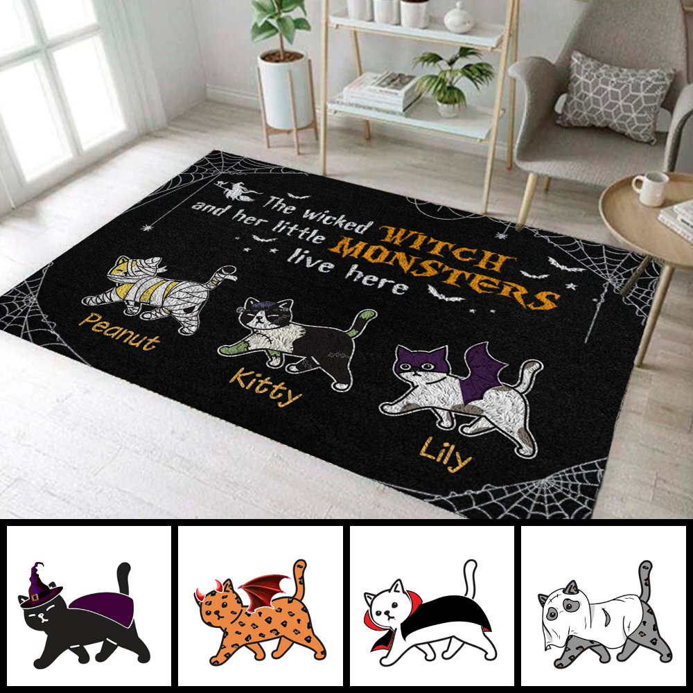 Wicked Witch And Monster Cats Live Here Halloween Horizontal Rug Ru009