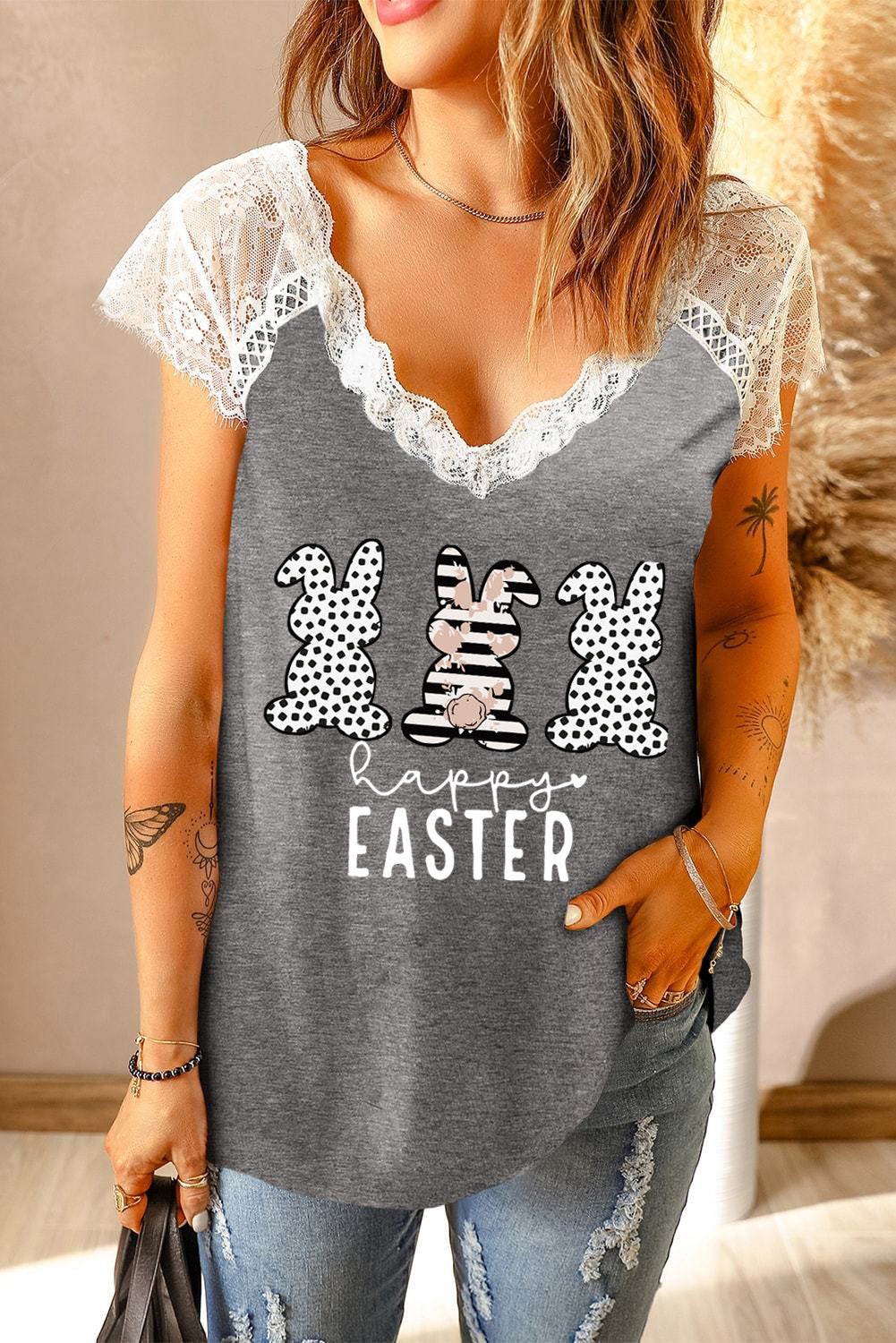 Contrast Lace Easter Day Rabbit T-Shirts