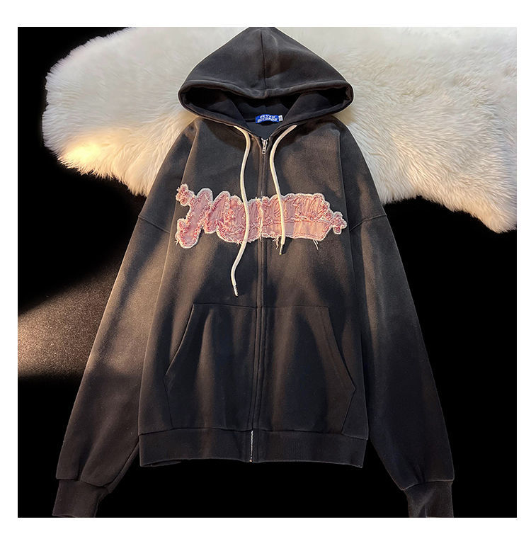 Y2K patchwork alphabet Style Loose Skeleton Zip Up Hoodie Goth Grunge Long-Sleeve Hooded Jacket Retro pink Oversized Sweatshirt alx