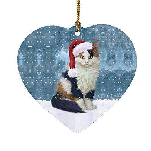 Let It Snow Christmas Holiday Calico Kitten Cat Wearing Santa Hat Heart Ornament D276