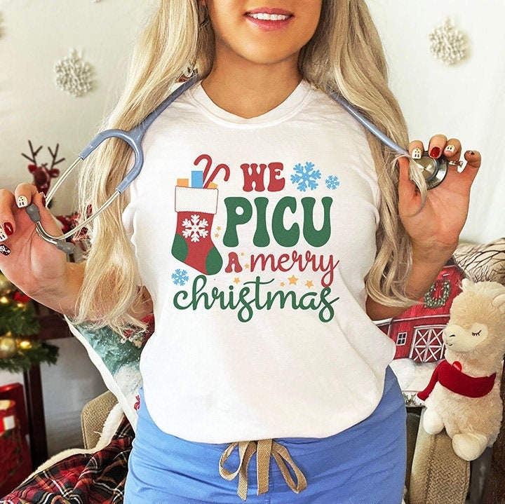 PICU Nurse Christmas T-shirt – Merry Xmas Pediatric Peds ICU Holidays Crew Squad Group Shirts, Picu Rn Tech Aid Winter Tee Secret Santa