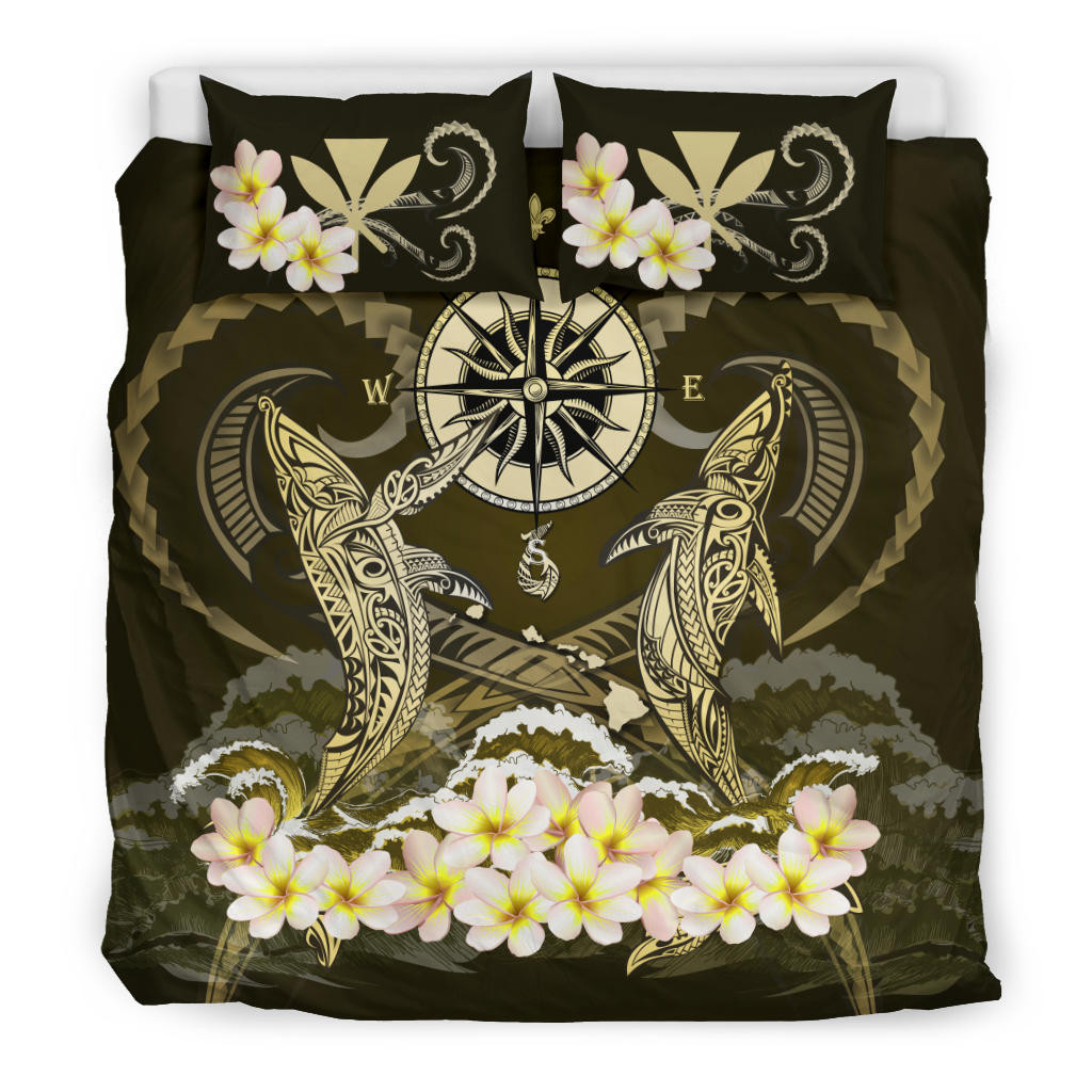 Alohawaii Bedding Set – Cover And Pillow Cases Hawaii – Shark Polynesia Compass Plumeria Gold A24