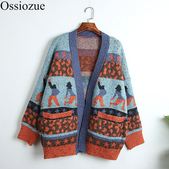 Cardigan Runway Designer Pockets Vintage V-neck Thick Casual Knit Patchwork Sweater