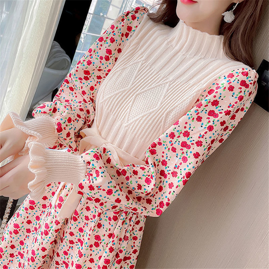 Autumn sweater dresses for women winter splicing Pullover bandage Slim knitting dress sweet corduroy Floral print Dress vestido alx