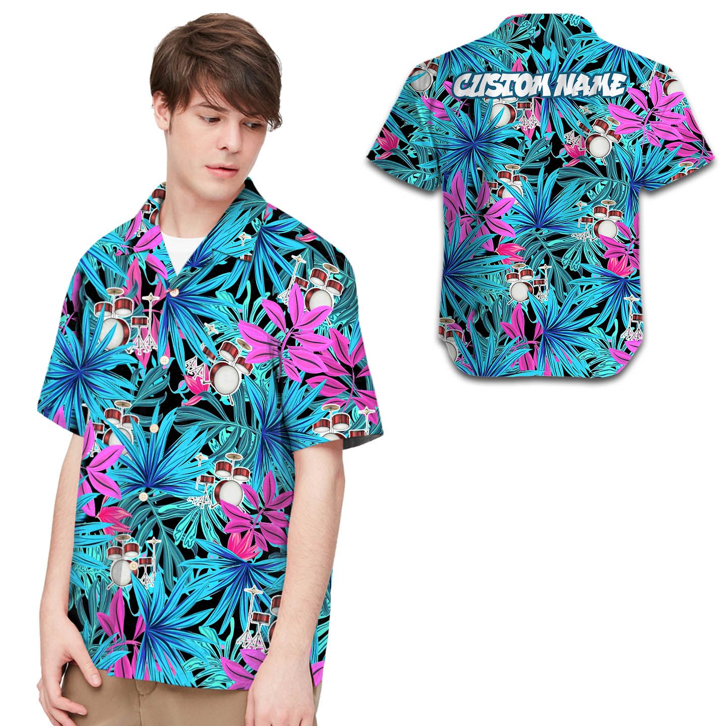 Drums Tropical Leaves Custom Name Men Hawaii Shirt For Music Lovers In Daily Life Ha76086