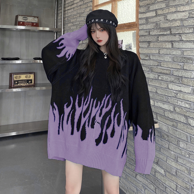 2022 Spring Burning Fire Pattern Sweater Harajuku Hip Hop Blue Flame Sweaters Women Outfits Oversized Loose Pullover Knitwear alx