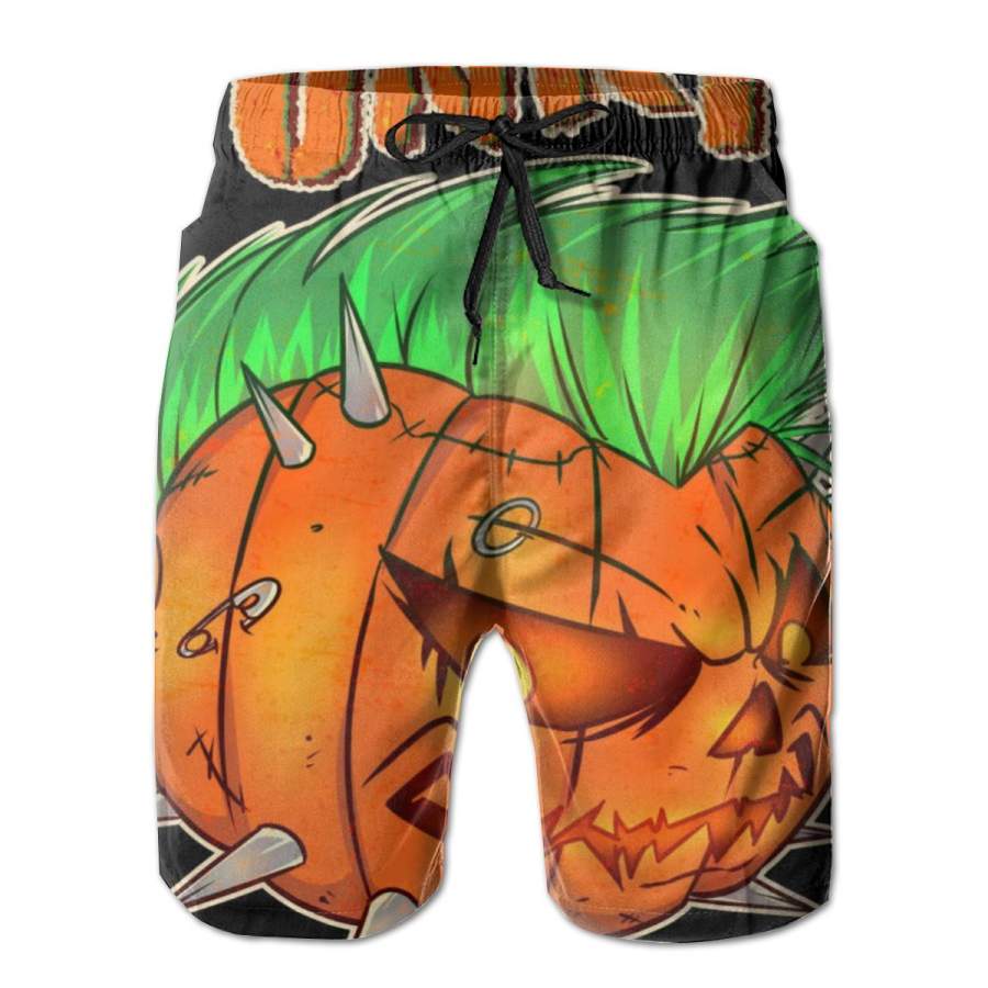 2 Pack PUNKIN With Mohawk Funny Scary Halloween Poster Men Swim Trunks Drawstring Elastic Waist Quick Dry Beach Shorts with Mesh Lining Swimwear Bathing Suits