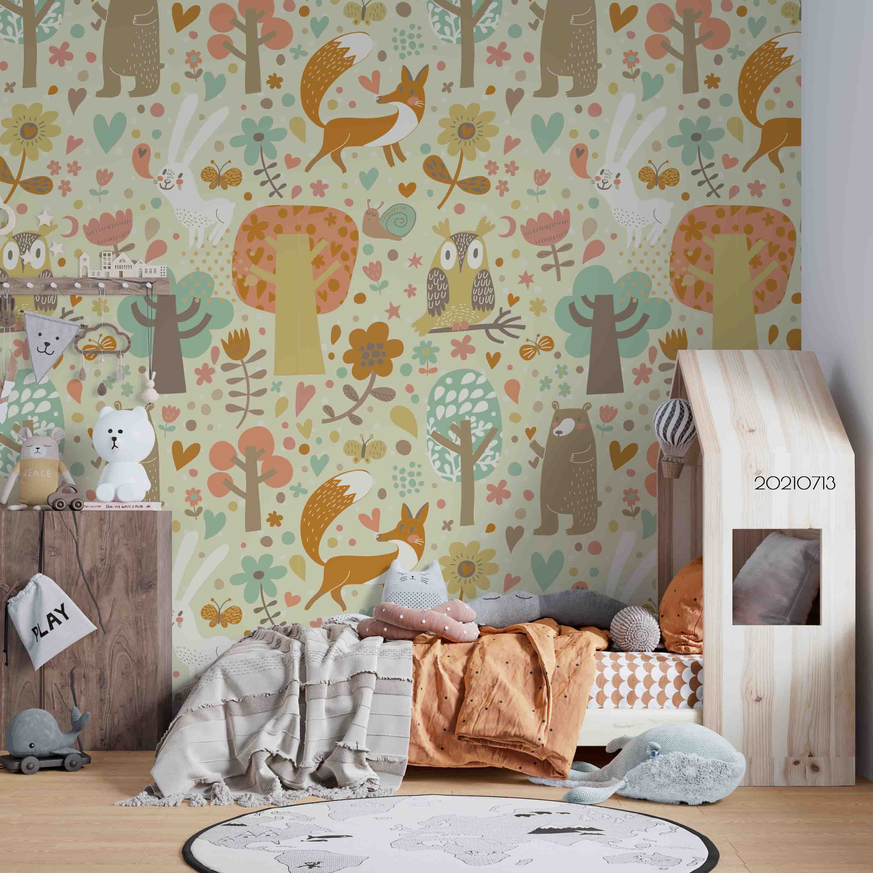 3D Hand Drawn Forest Animal Fox Owl Wall Mural Wallpaper Lqh 132