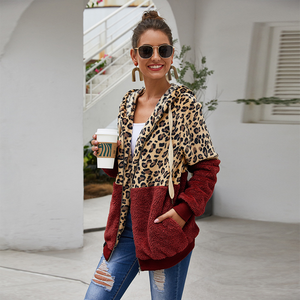 Chic Leopard Sweatshirts Women Long Sleeve Oversized Hoodie Autumn Winter Casual Zip Up Hoodie Women Patchwork Polerones Mujer alx