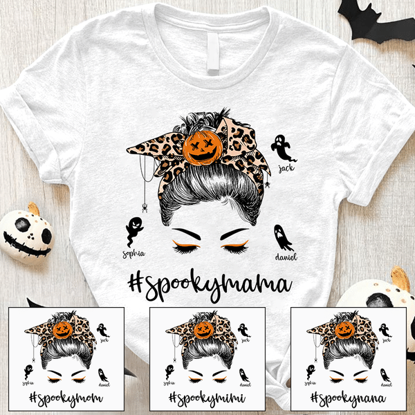 Personalized T-Shirt For Women Spooky Mama Messy Bun Hair With Leopard Headband & Pumpkin Printed Custom Kid’S Name