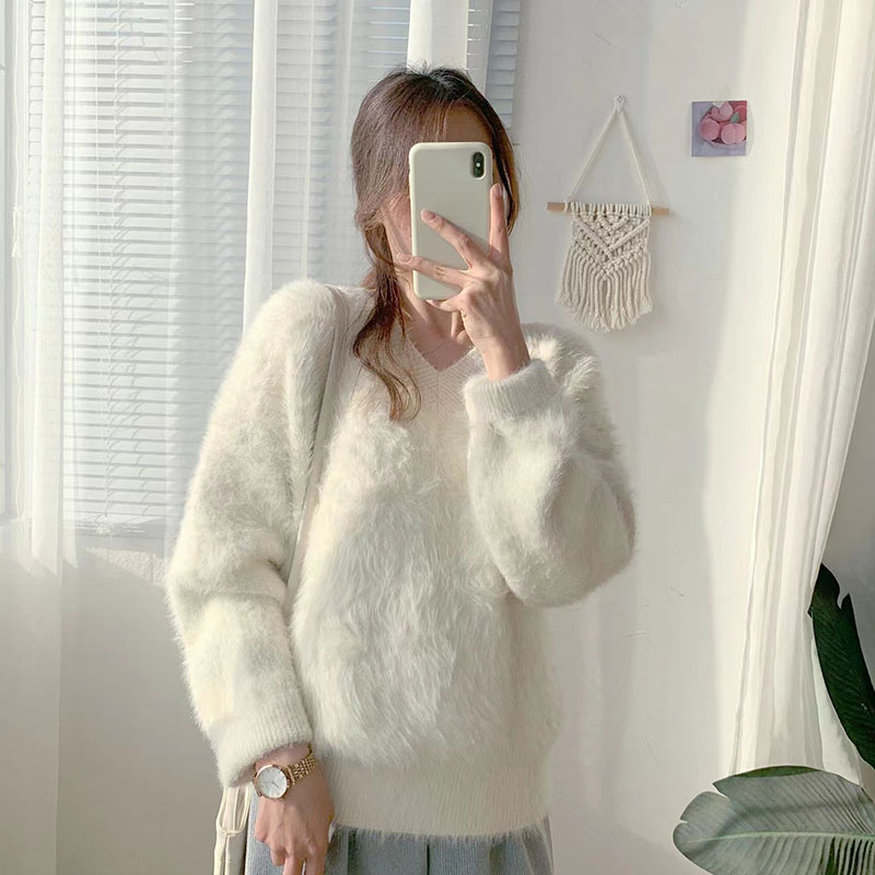 WTEMPO V-neck Imitation Mink Sweaters Women Thickened Knitted Pullovers Ladies Autumn Winter Warm Solid Loose Casual Jumpers alx