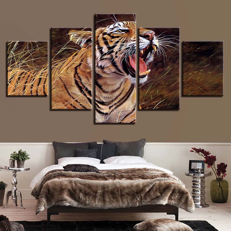 Tiger Yawning 5 Piece Hd Multi Panel Canvas Wall Art Frame