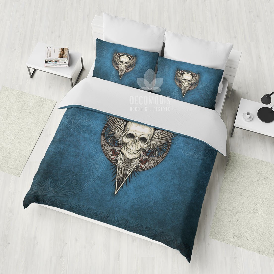 Blue Skull Bedding, Totem Skull Duvet Cover Set, Amulet Bedspread Bedding Set, Grunge Skull Bedding