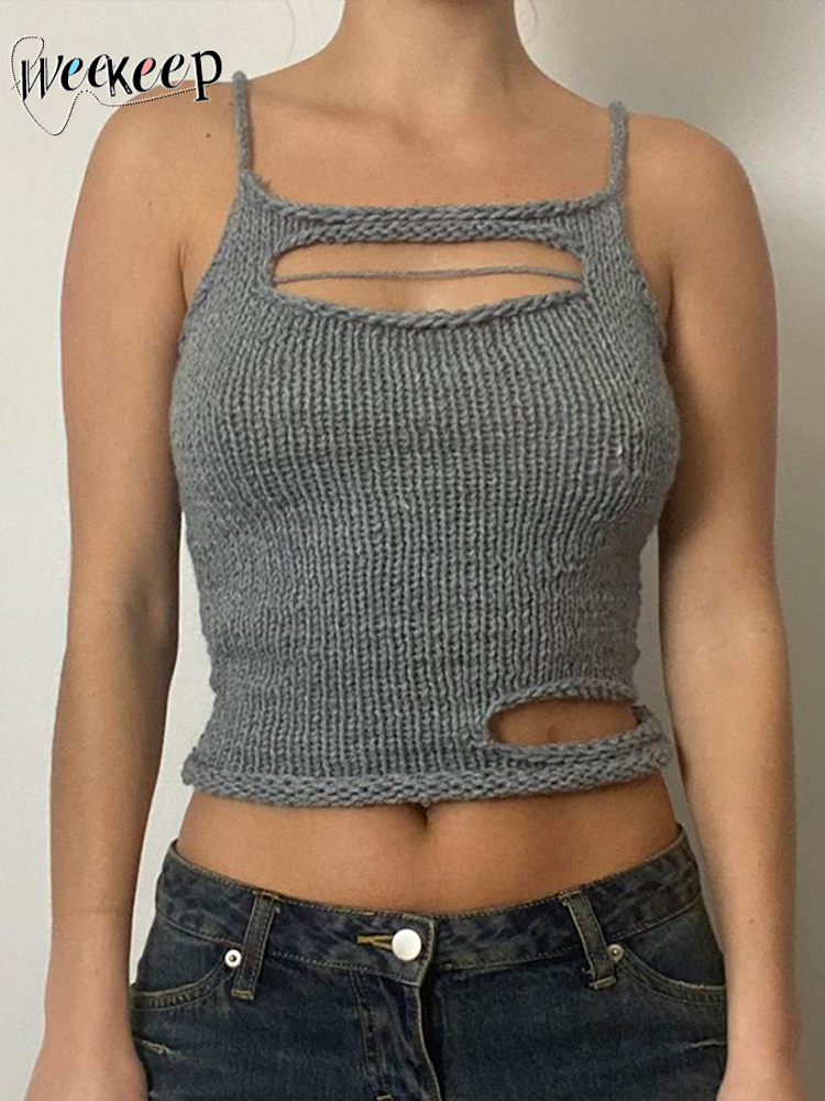 Weekeep Hollow Out Solid Sweater Camisole Sleeveless Slim Grey Strap Top y2k Grunge Women Outfits Vintage Streetwear Casual Tee alx