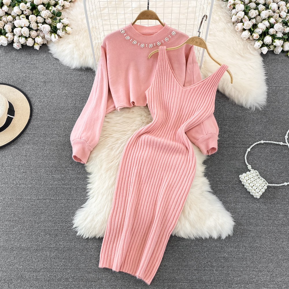 Two Piece Women Pullover Sweater And Strap Skirt Dress Matching Set 2022 New Autumn Winter Knitted Beaded Crop Top Dresses Suit alx