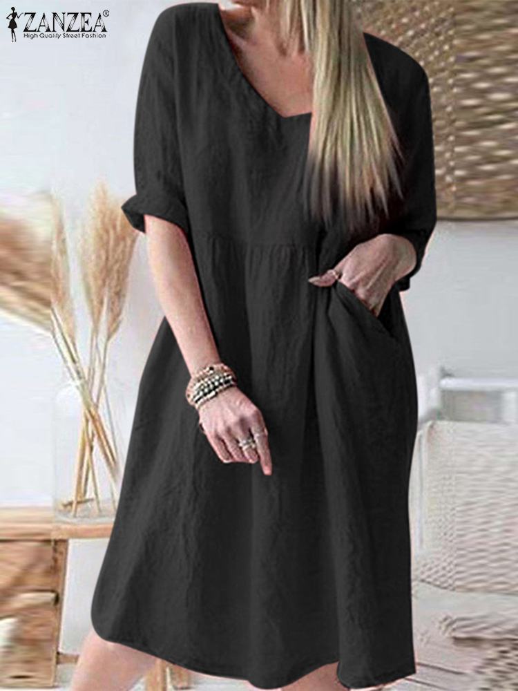 2022 Summer Elegant Solid Sundress ZANZEA Women V Neck Half Sleeve Casual Dress Robe Femme Knee-length Cotton Vestido Kaftan alx