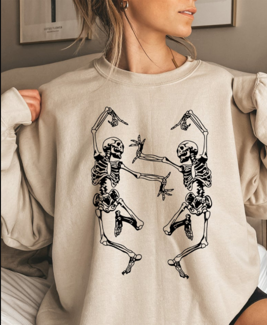 Dancing Skeletons Two Halloween Sweatshirt – Womens Oversized Comfy Halloween Sweater – Skeletons Dancing Sweater