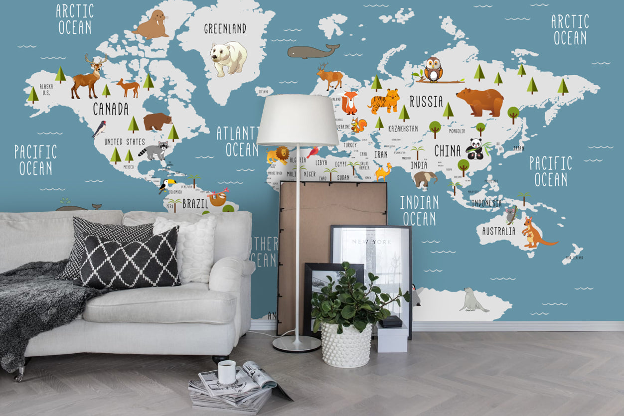 3D Cartoon Animals World Map Wall Mural Wallpaper 01