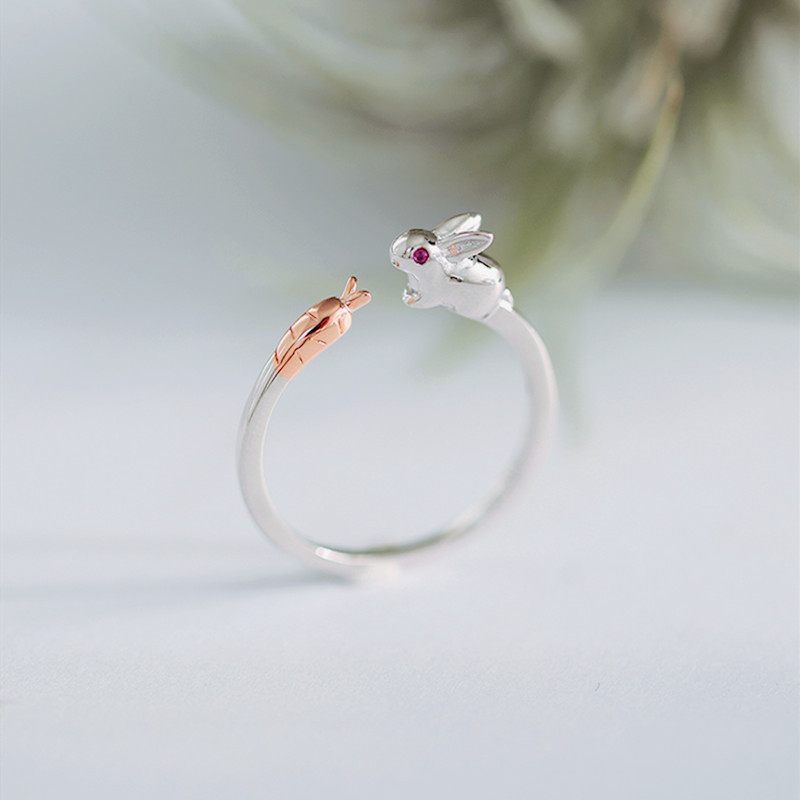 VOQ Cute Rabbit Carrot Opening Ring Animal Ring for Women Girls Silver Color Jewelry Gifts Wholesale alx