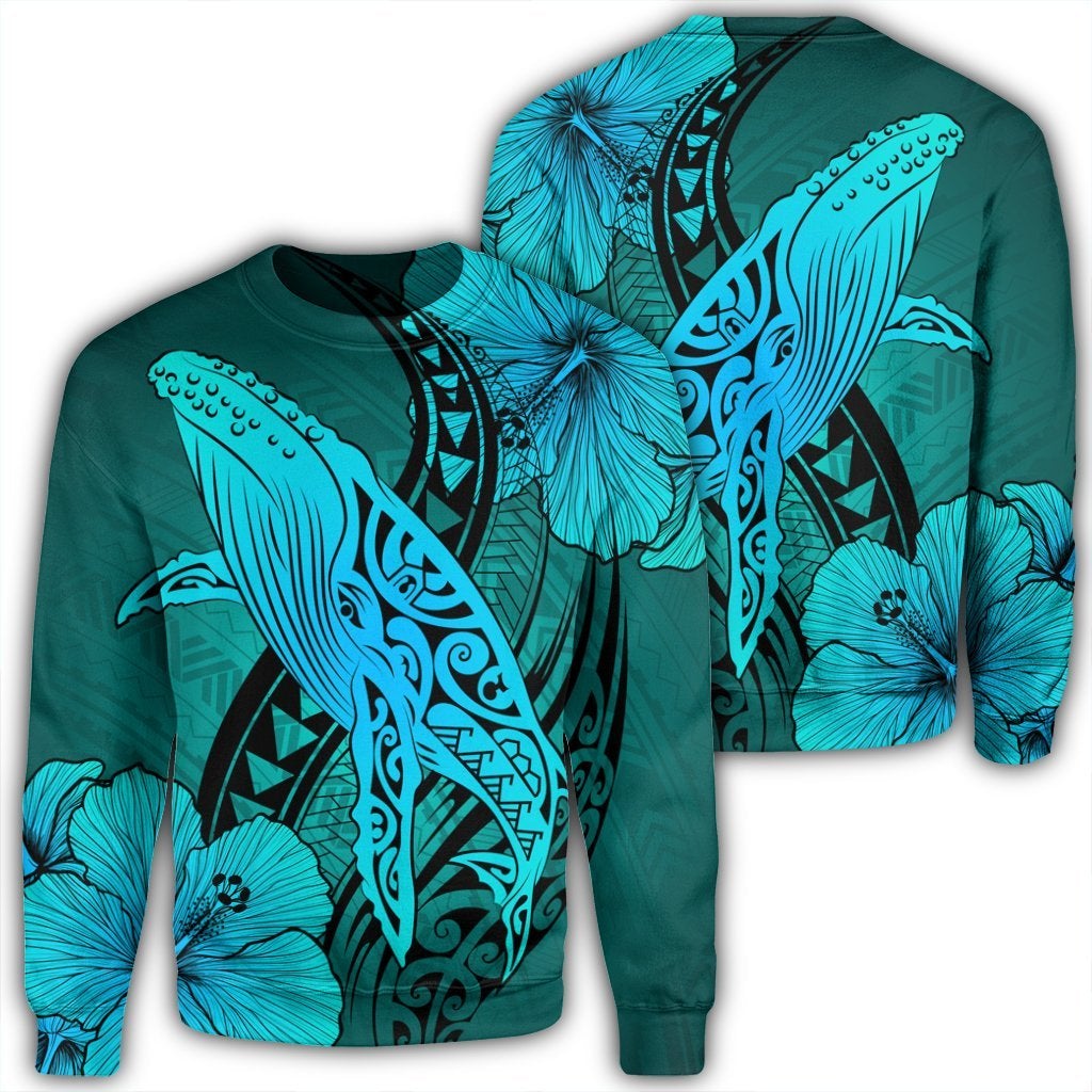 Hawaiian Map Whale Swim Hibiscus Polynesian Sweatshirt – Turquoise