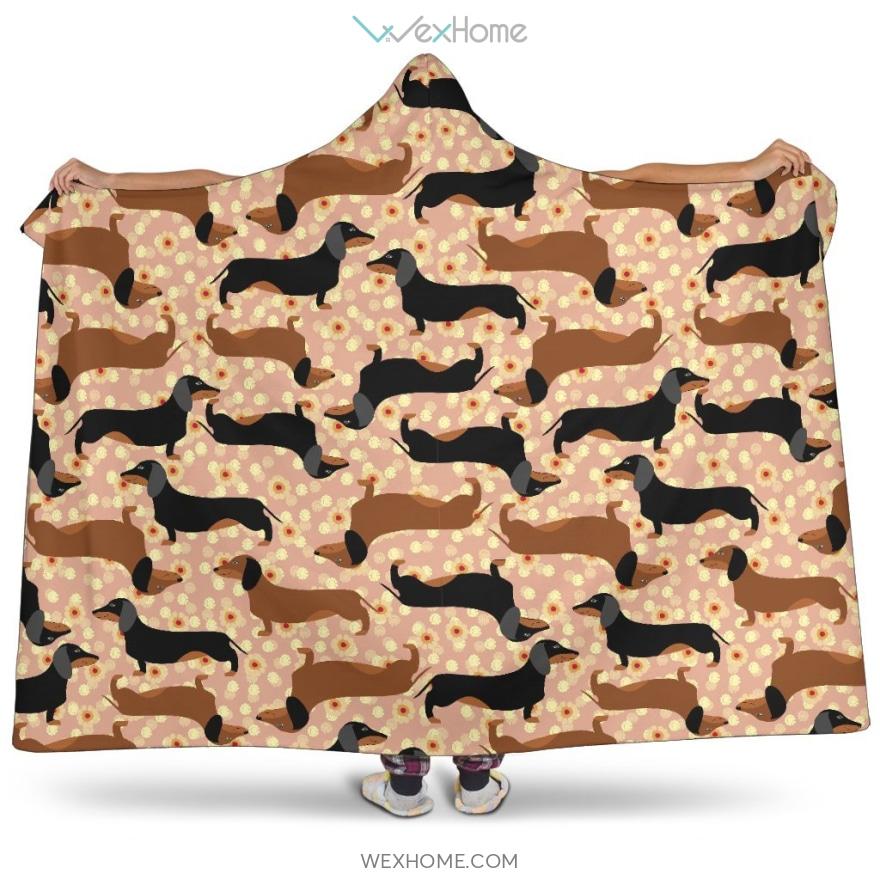 Dachshund Floral Background Hooded Blanket