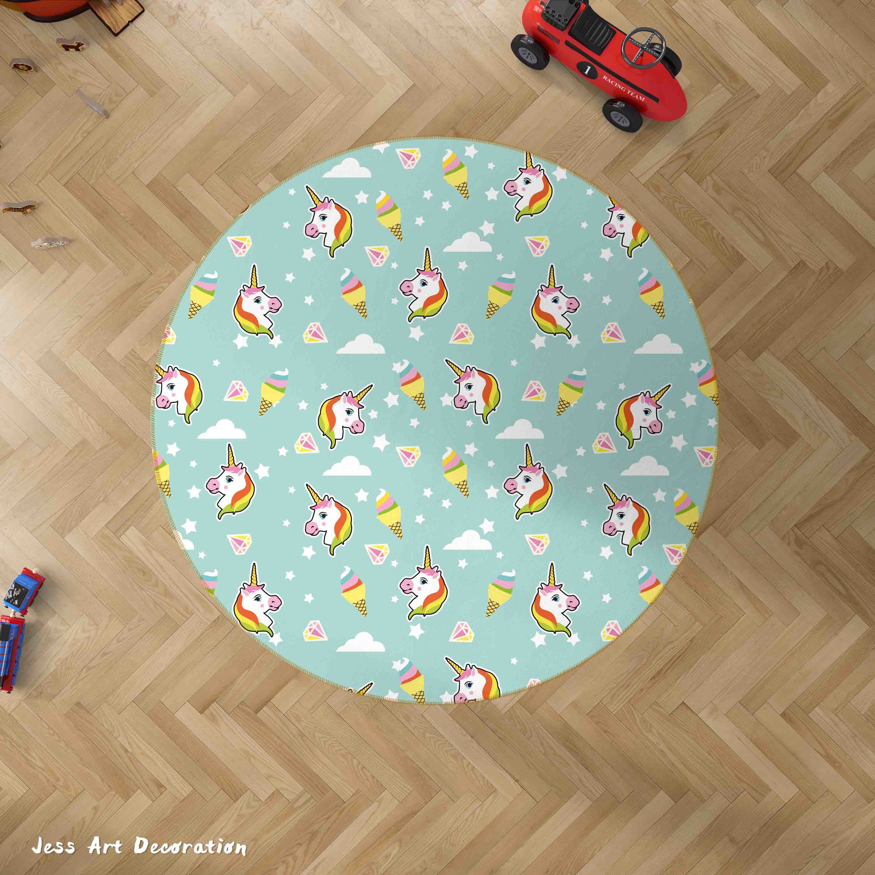 3D Cartoon Animal Unicorn Ice Cream Cloud Kids Non-Slip Round Rug Mat 8