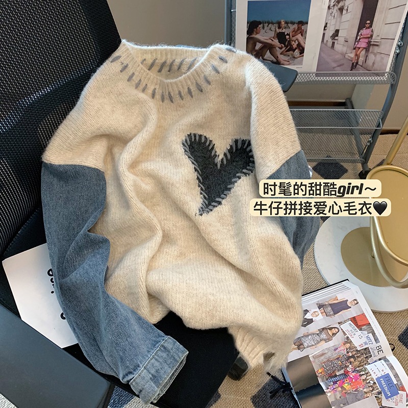 Circyy Women Sweater Patchwork Denim Long Sleeve O-Neck Loose Heart Chic Pullovers Simple Knitted Autumn Winter 2022 New Jumpers alx