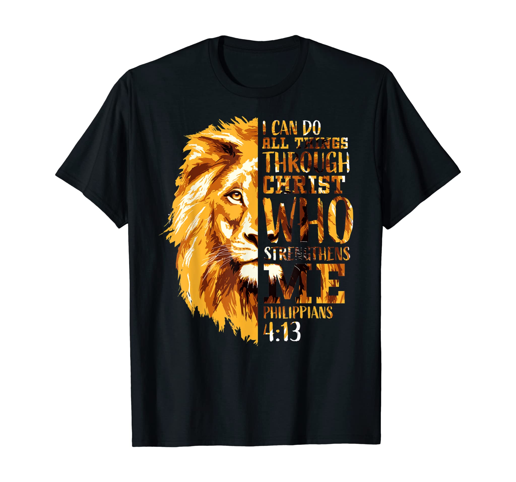 Mens Philippians 4:13 Christian Bible Verse Lion Head Men Husband T-Shirt