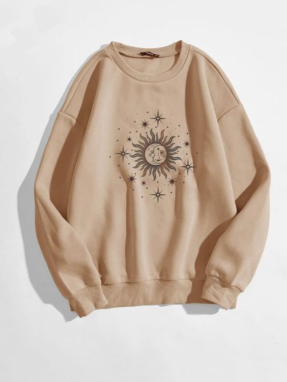 Abstract Sun And Moon Print Oversized Thermal Sweatshirt