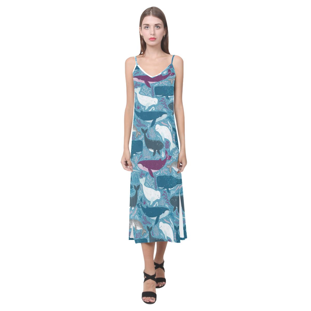 Whale design pattern V-Neck Open Fork Long Dress