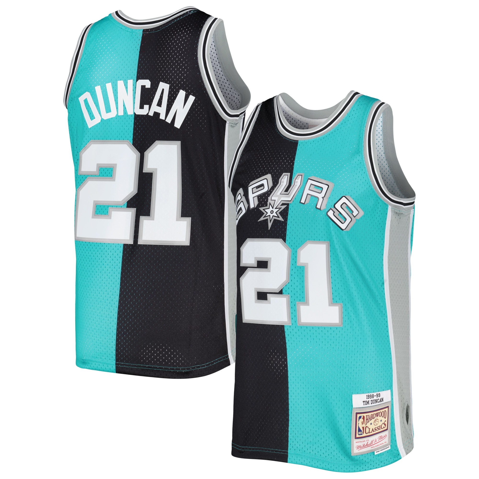 Tim Duncan San Antonio Spurs Mitchell & Ness Hardwood Classics 1998/99 Split Swingman Jersey – Black/Teal