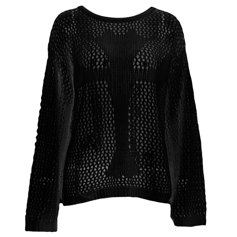 Vintage Knit Tops for Women Loose Hollow out Smock Sweater with Long Sleeves Cross Crewneck Cover Ups Summer Tee Tops alx