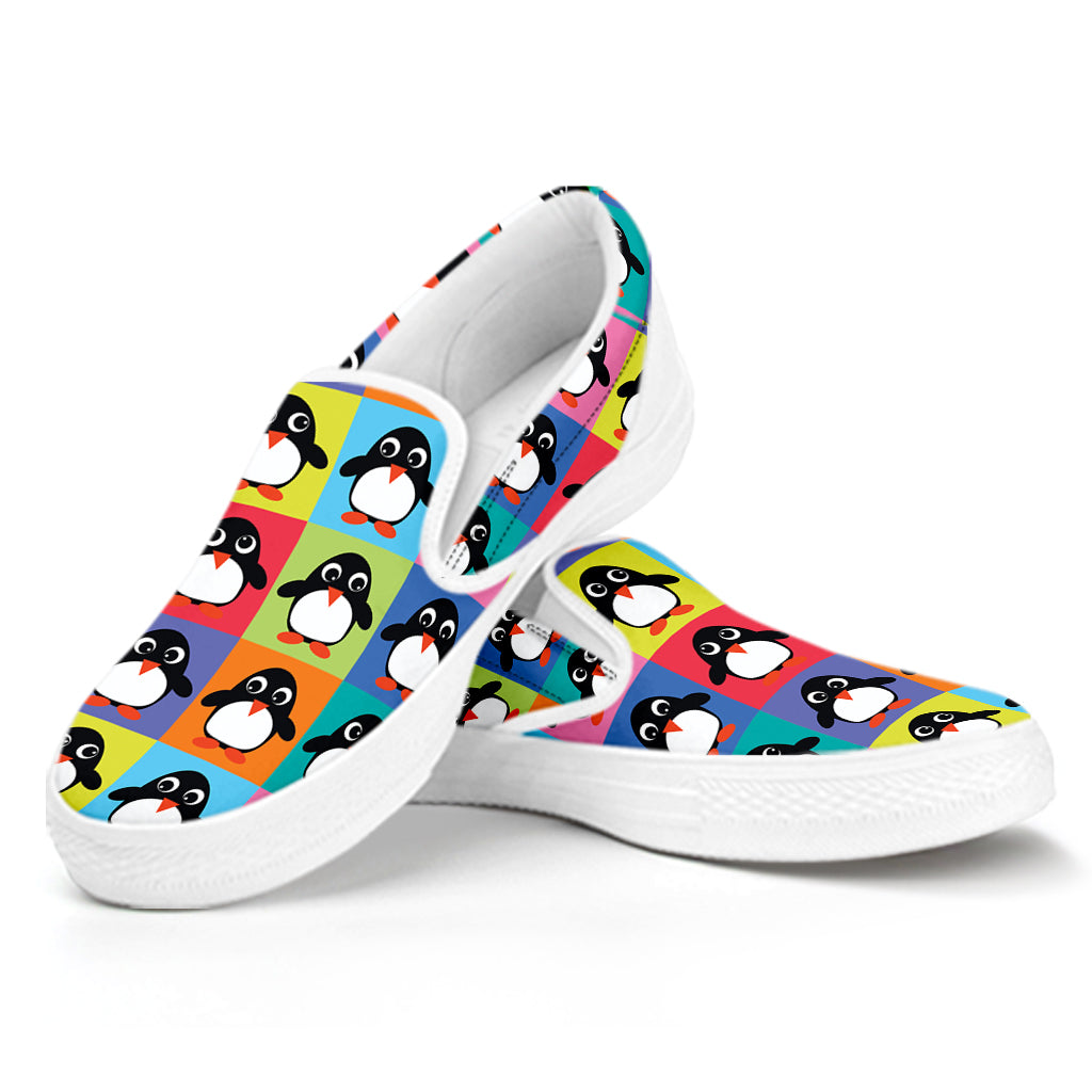 Cute Colorful Penguin Pattern Print White Slip On Shoes