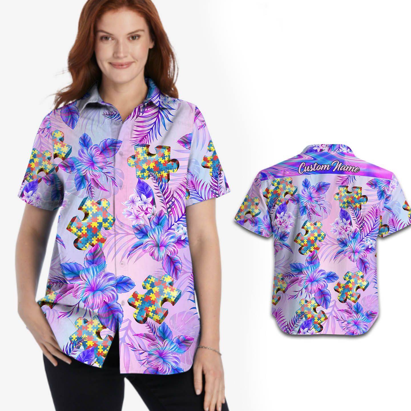 Beach Shirt Autism Holographic Tropical Flowers Custom Name Women Hawaiian Shirt