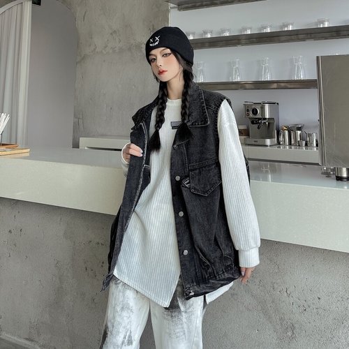 Vests Women Denim Spring Korean Version Washed Student Vintage All-match Sleeveless Chic Couple Casual Solid Ins Mujer Outwear alx