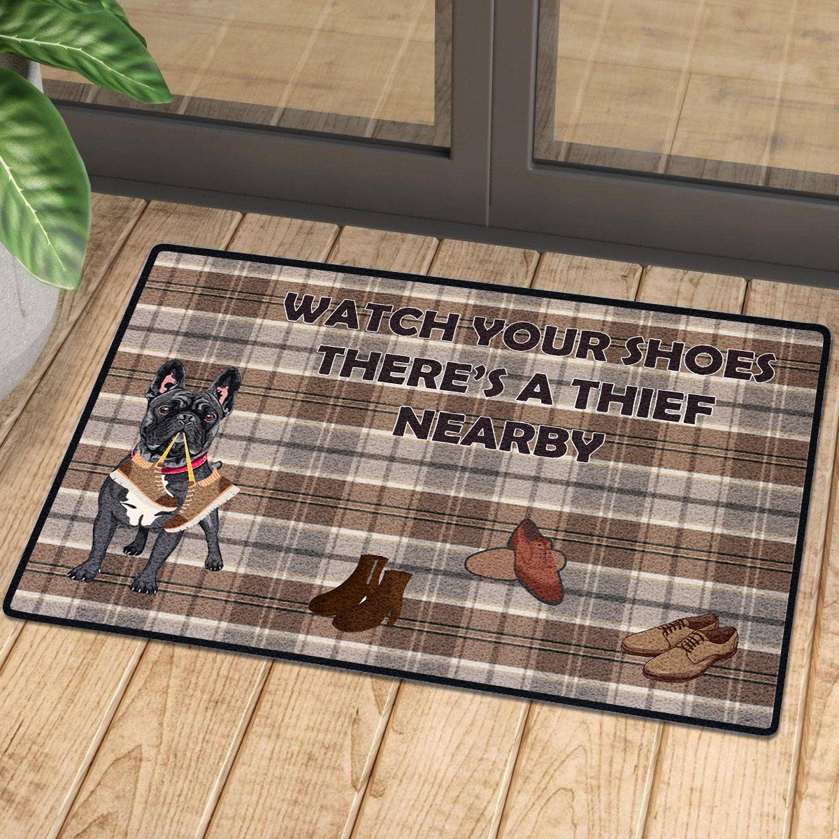 Watch Out Your Shoes Black French Bulldog Doormat | Colorful | Size 8X27” 24X36”