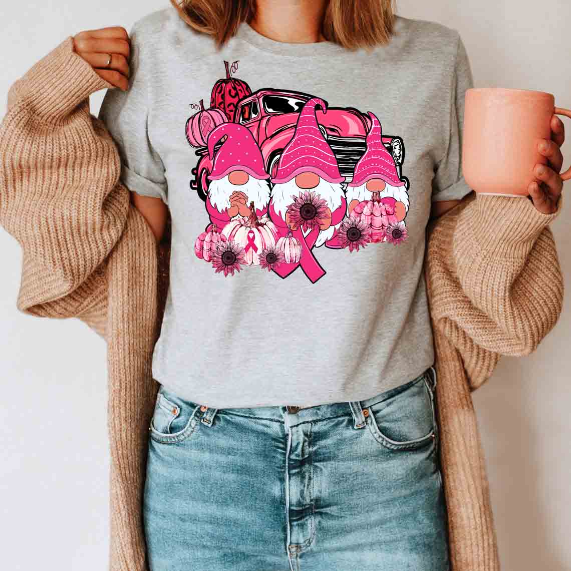 Three Gnomes Pray In Hope Shirt – Breast Cancer Awareness T-Shirt Gifts For Mom Daughter Friends Hoodies Sweater Pink