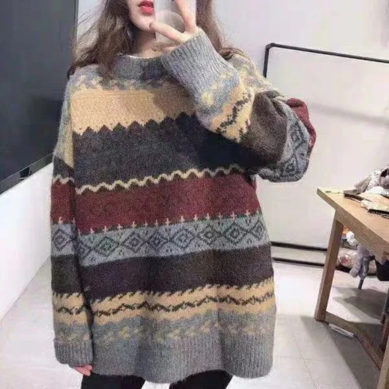 Vintage Pullovers Women Loose Casual Sweaters Korean Fashion O Neck Lazy Jumpers Female 4XL Harajuku Women Ulzzang Chic Tops alx