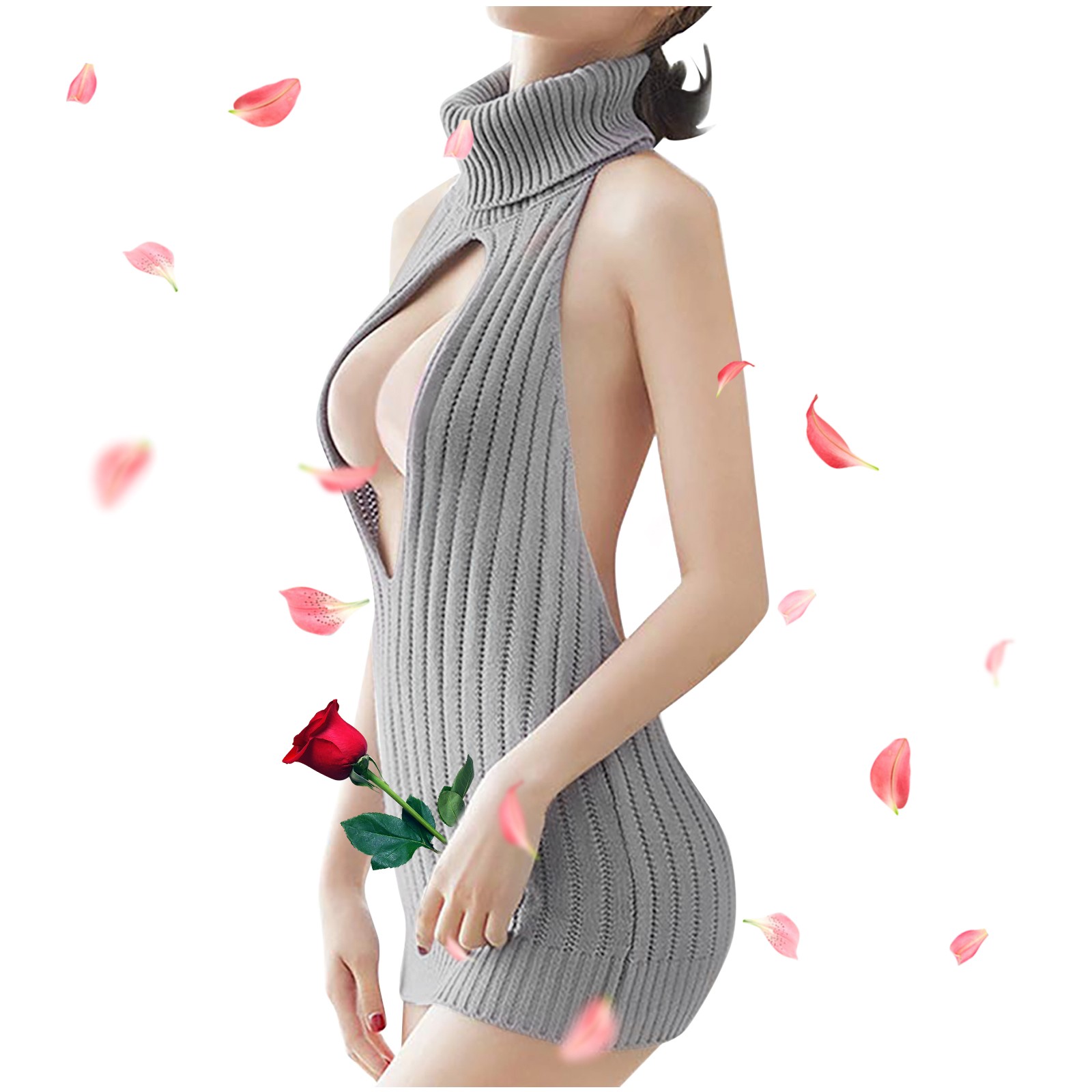 Autumn 2021 Virgin Killer Turtleneck Sweater Women Sexy Open Chest Sleeveless Backless Knitted Sweater Passion Female Jumper alx