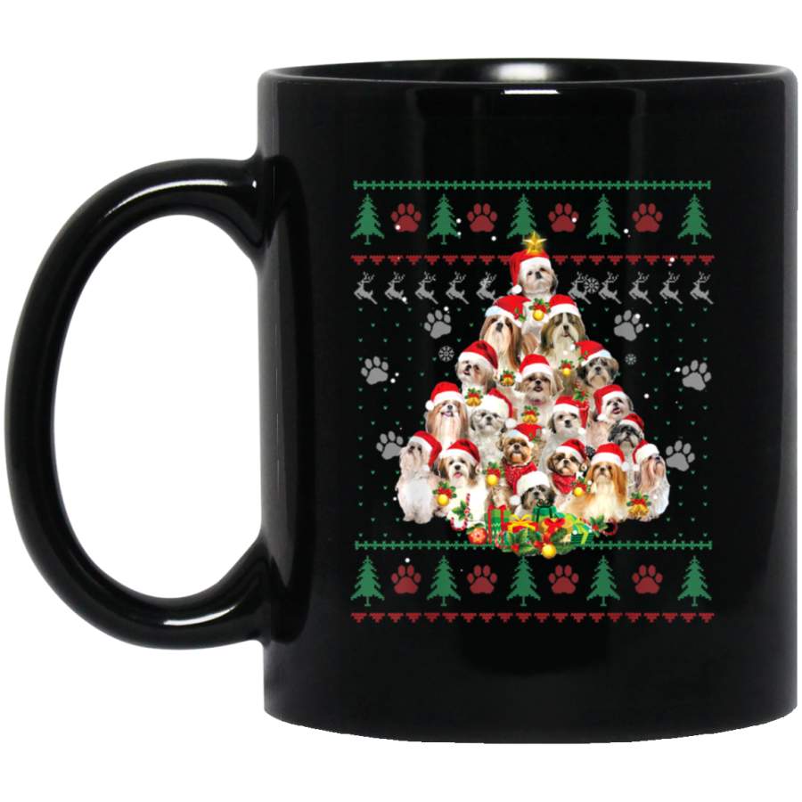 Shih Tzu Christmas Dog Lover Gift Ugly Sweater Xmas Tree 11 oz 15 oz Mug Black