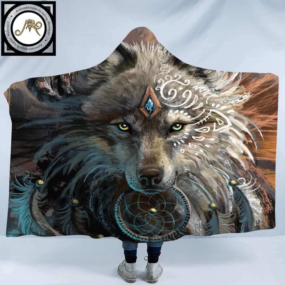 Wolf Warrior Dreamcatcher Native American Design Hooded Blanket Lt10