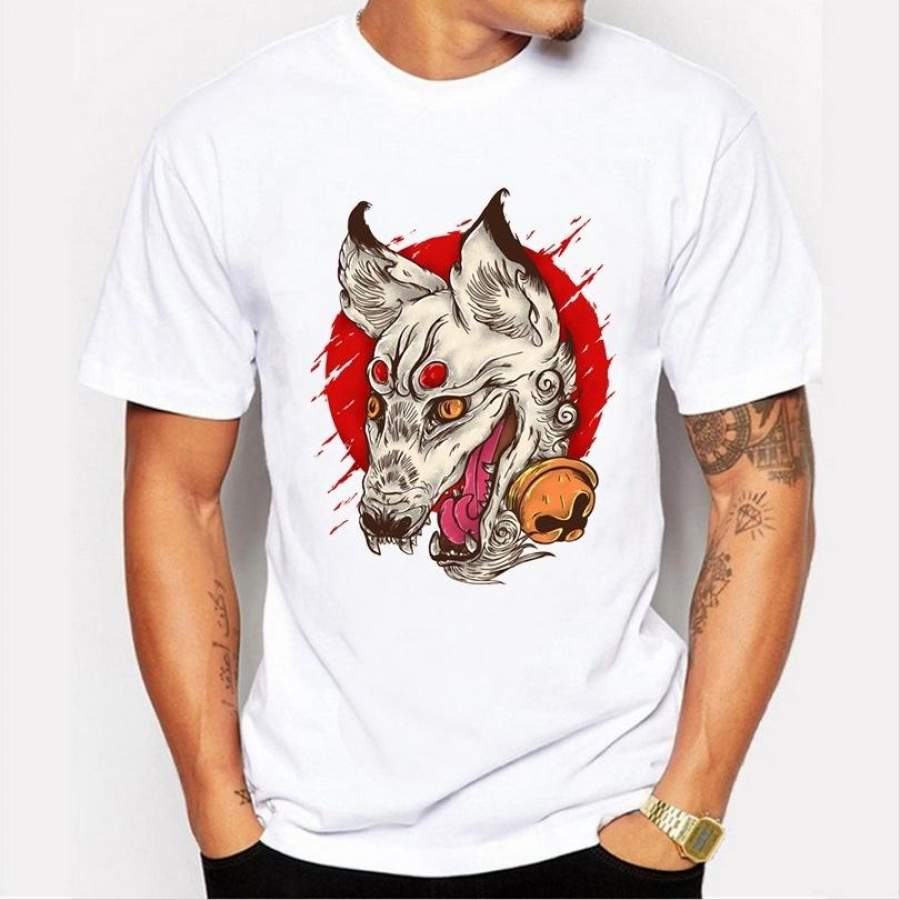 2017 Summer Fashion Print Wolf Model Casual T-Shirt Japanese Cartoon Wolf Animal Print White Young T-Shirt Men’S Clothing