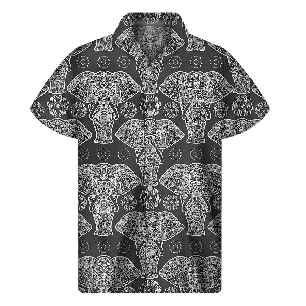 Black And White Boho Elephant Print Men’S Short Sleeve Shirt