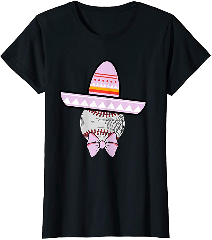 Womens Baseball Cinco De Mayo Funny Sombrero Mexican Bow T-Shirt