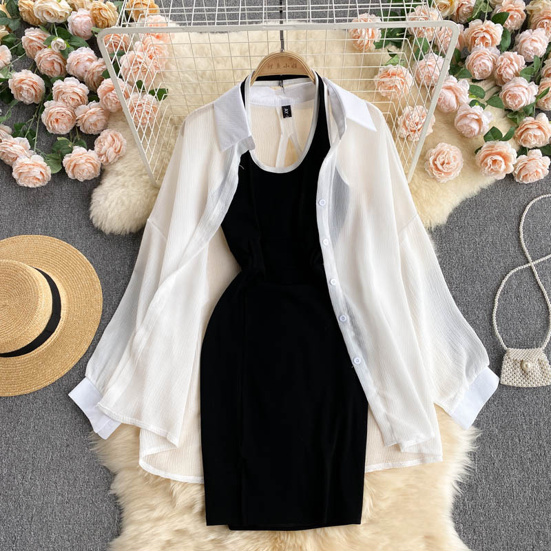 2021 autumn women sexy elegant clothing set neck-mounted backless strapless black slim dress+ casual white cardigan shirt coat alx