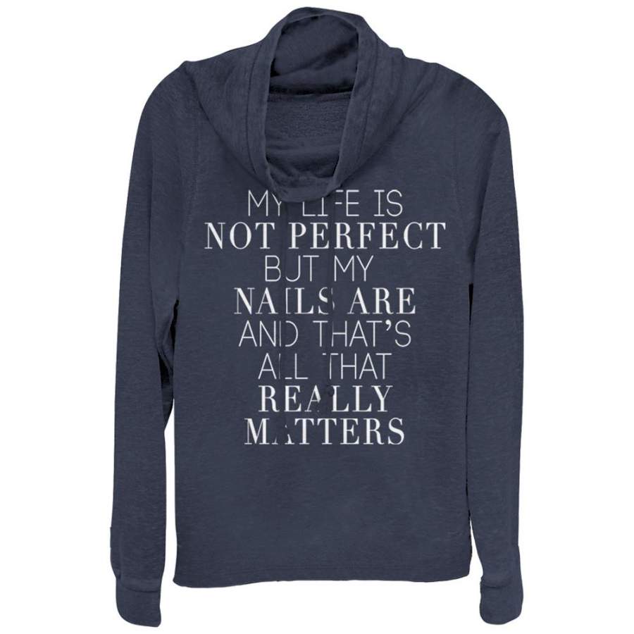 CHIN UP Junior’s Perfect Nails  Cowl Neck Sweatshirt Navy Blue