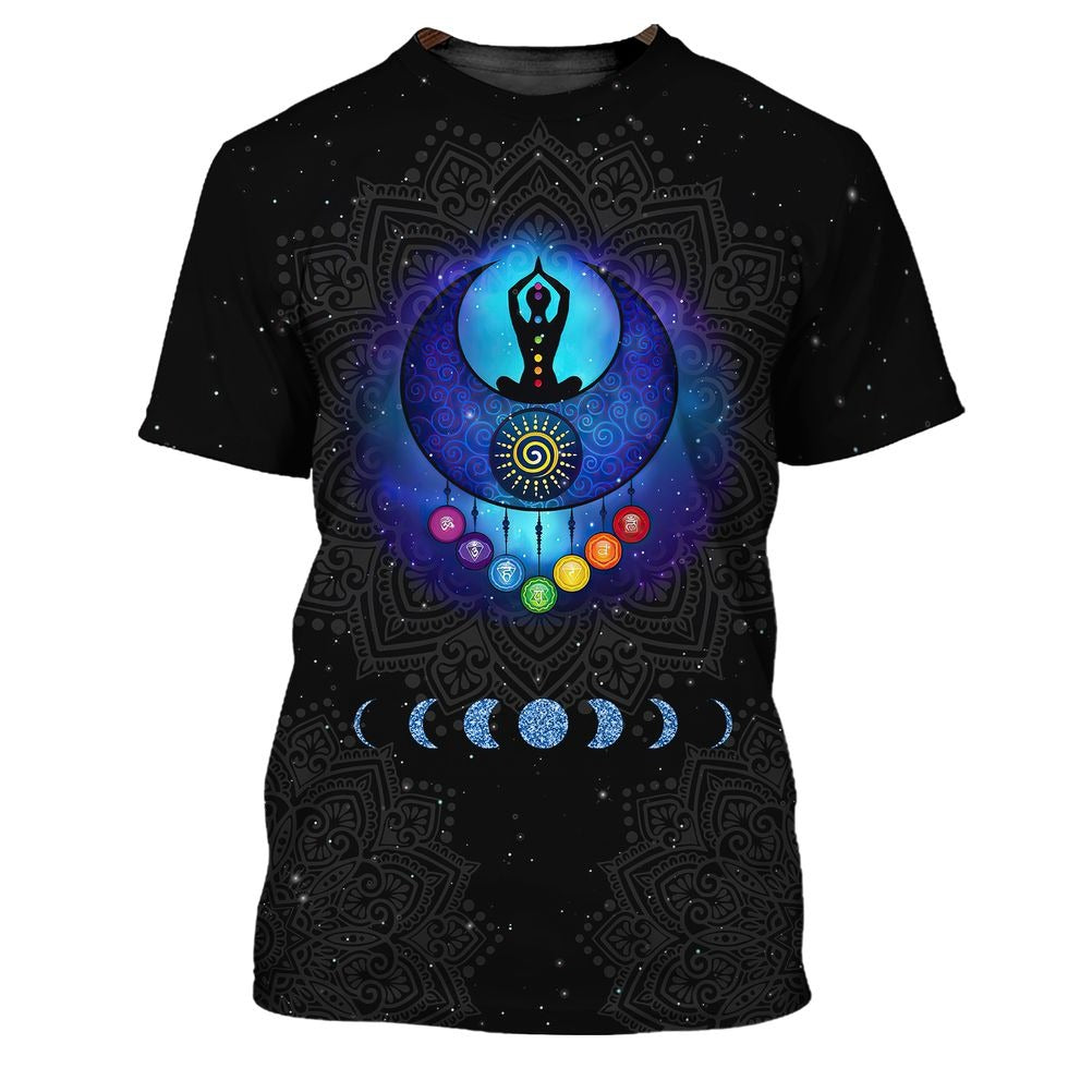 Meditation Girl Seven Chakra Mandala 3D Tshirt, Black Mandala Shirt, Black Hippie T Shirt