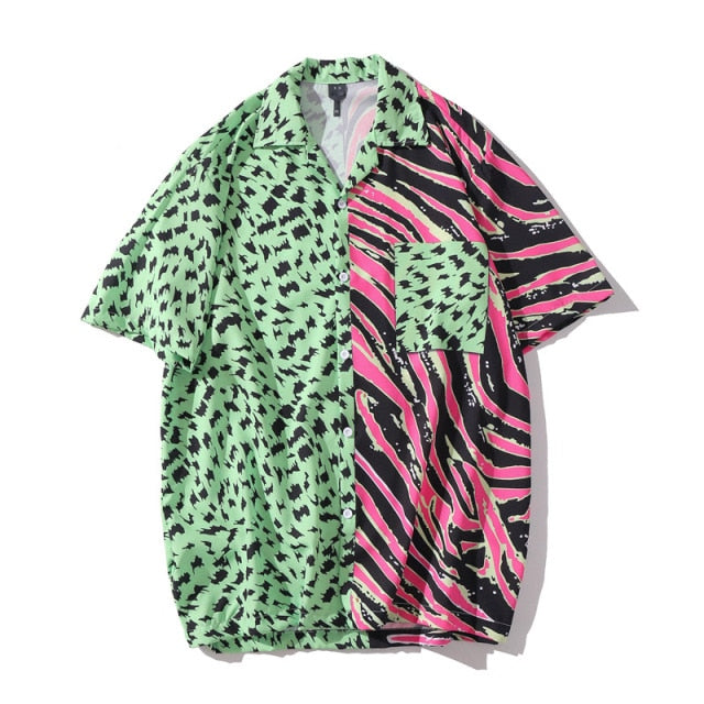 New Summer Men Hawaiian Short Sleeve Shirt Casual Leopard Colorblock Beach Shirts