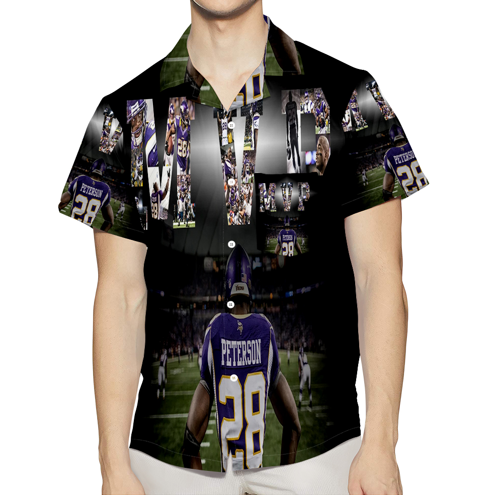 Minnesota Vikings Adrian Peterson 28 3D All Over Print Summer Beach Hawaiian Shirt With Pocket