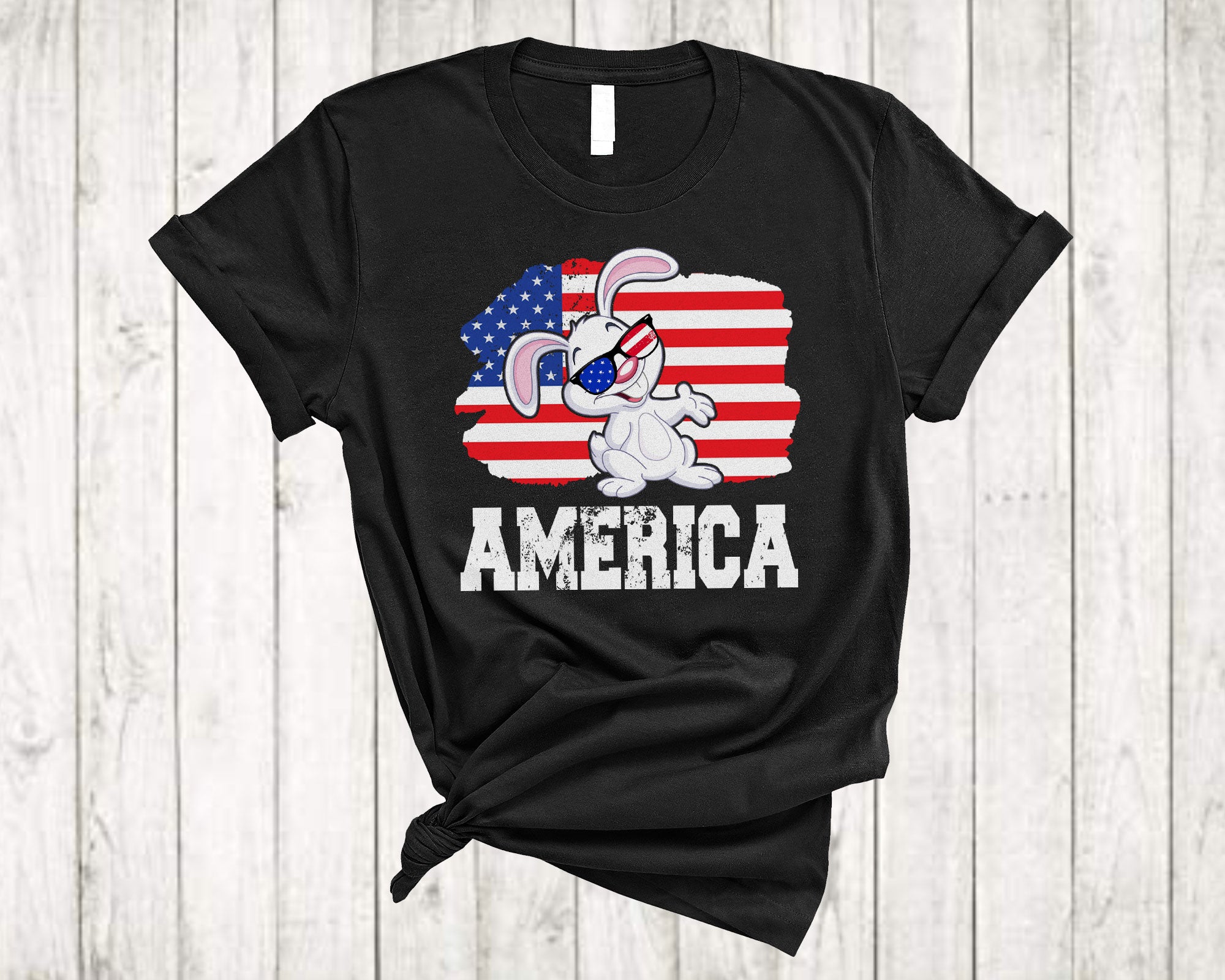 4Th Of July Bunny Shirt Vintage America Cute Rabbit Bunny Wearing American Flag Patriotic T-Shirt